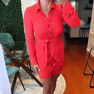 Long Sleeve Red Button-Down Mini Dress – Size 2
